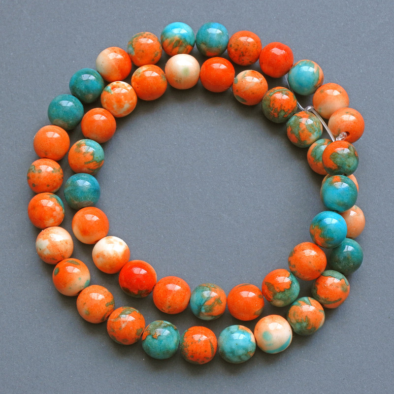 Beads "Variscite" (synthetic acrylic) orange, blue and white smooth round bead, diameter 10mm+/-, length 40cm +/- on fishing line