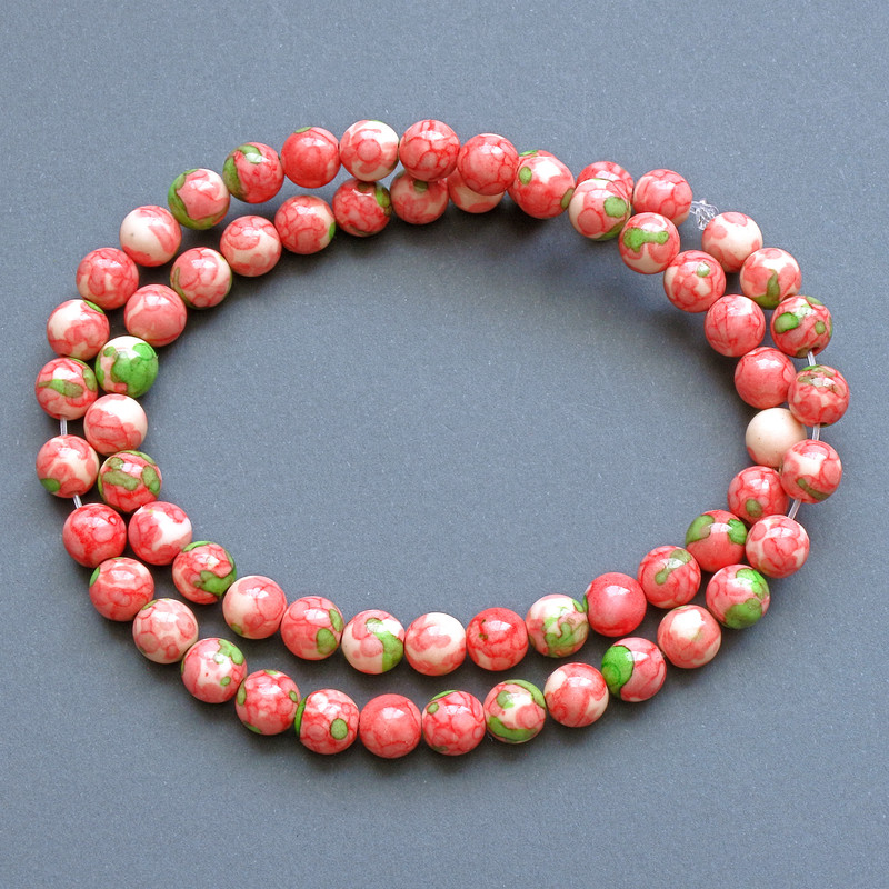 Beads "Variscite" (synthetic acrylic) pink, white and green smooth round bead, diameter 6.5mm+/-, length 40cm +/- on fishing line