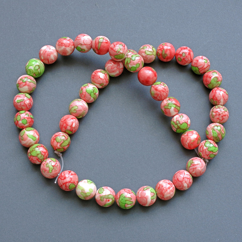 Beads "Variscite" (synthetic acrylic) pink, white and green smooth round bead, diameter 8.5mm+/-, length 40cm +/- on fishing line