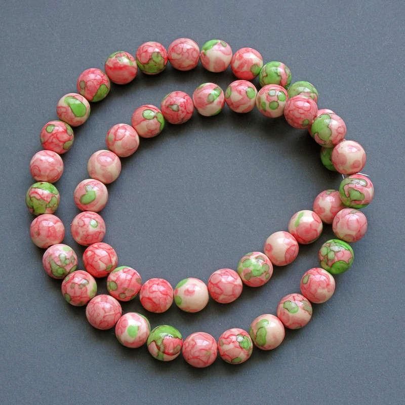 Beads "Variscite" (synthetic acrylic) pink, white and green smooth round bead, diameter 10mm+/-, length 40cm +/- on fishing line