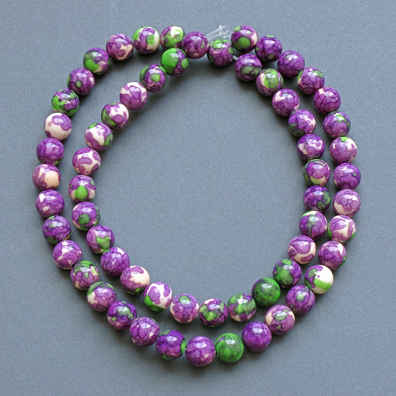 Beads "Variscite" (synthetic acrylic) purple, white and green smooth round bead, diameter 6.5mm+/-, length 40cm +/- on fishing line