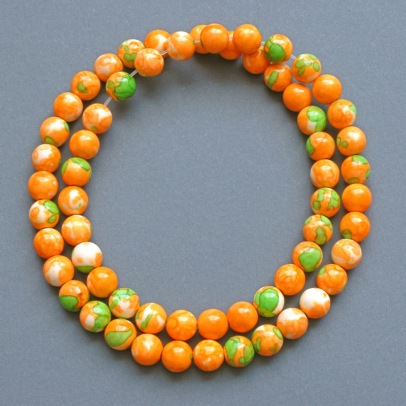 Beads "Variscite" (synthetic acrylic) green, orange and white smooth round bead, diameter 7mm+/-, length 40cm +/- on fishing line