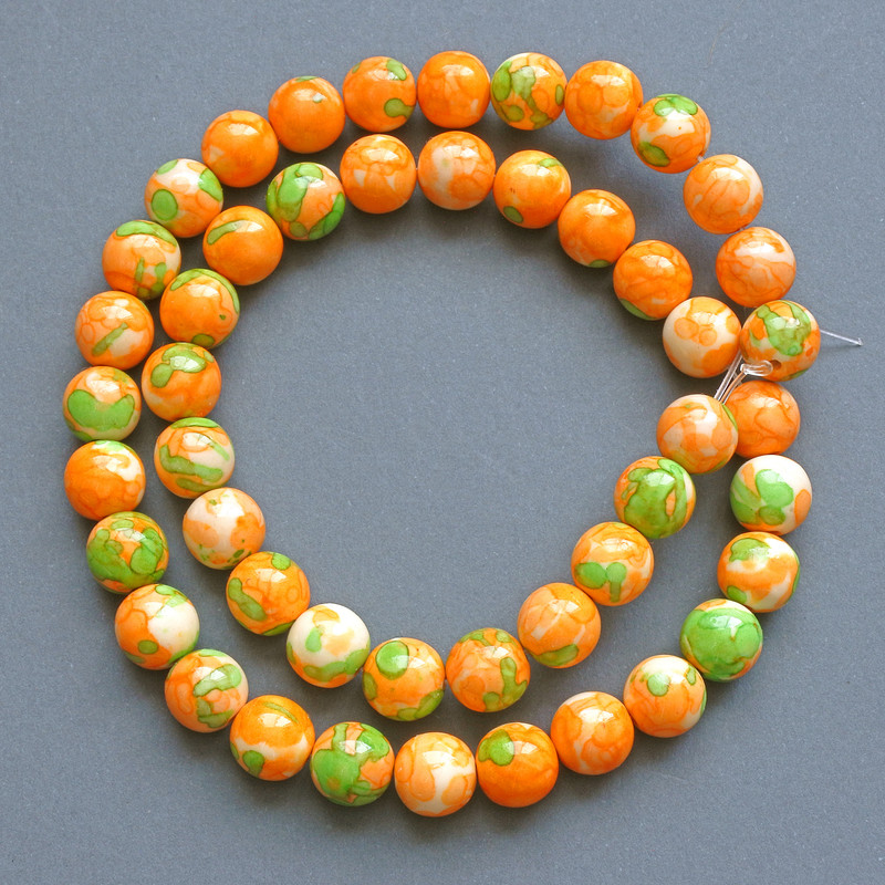 Beads "Variscite" (synthetic acrylic) green, orange and white smooth round bead, diameter 8.5mm+/-, length 39cm +/- on fishing line