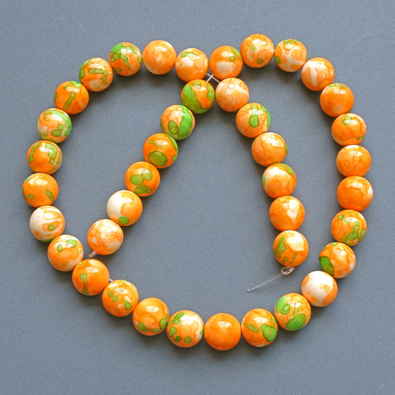 Beads "Variscite" (synthetic acrylic) green, orange and white smooth round bead, diameter 10mm+/-, length 39cm +/- on fishing line