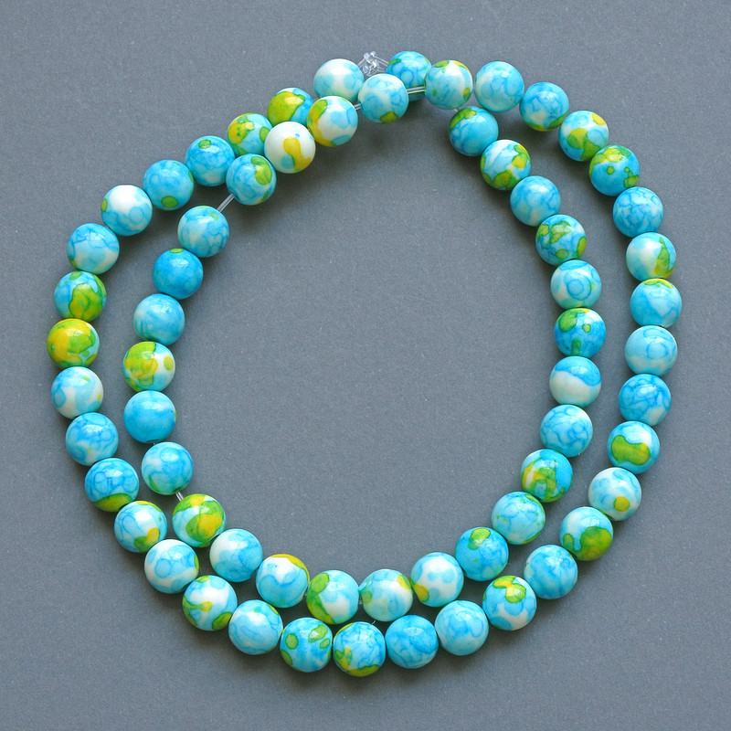 Beads "Variscite" (synthetic acrylic) blue, white and yellow smooth round bead, diameter 6.5mm+/-, length 39cm +/- on fishing line