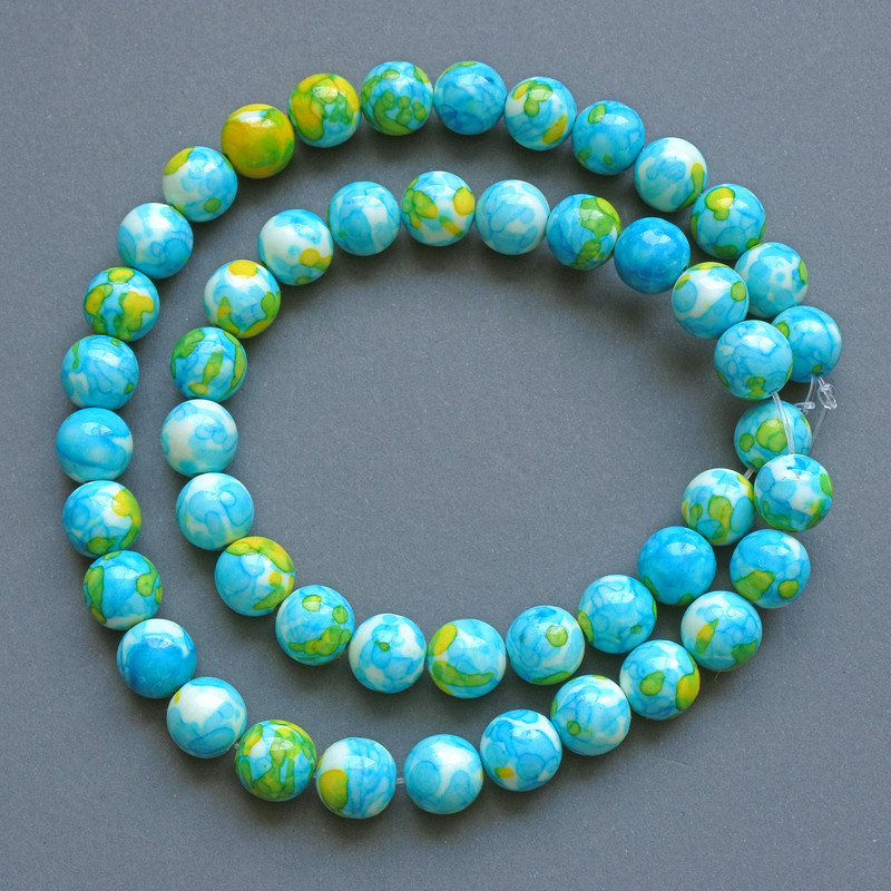 Beads "Variscite" (Acrylic Imitation) Blue, White & Yellow, Smooth Round, Diameter 8.5mm+-, Length 40cm+- on Fishing Line