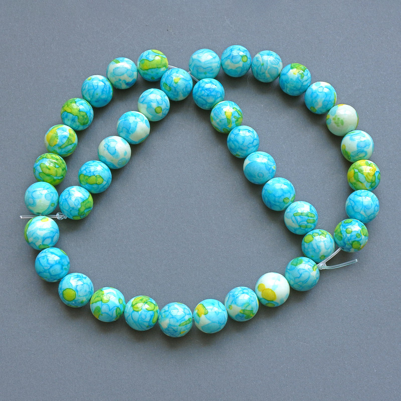 Beads "Variscite" (Acrylic Imitation) Blue, White & Yellow, Smooth Round, Diameter 10mm+-, Length 39cm+- on Fishing Line