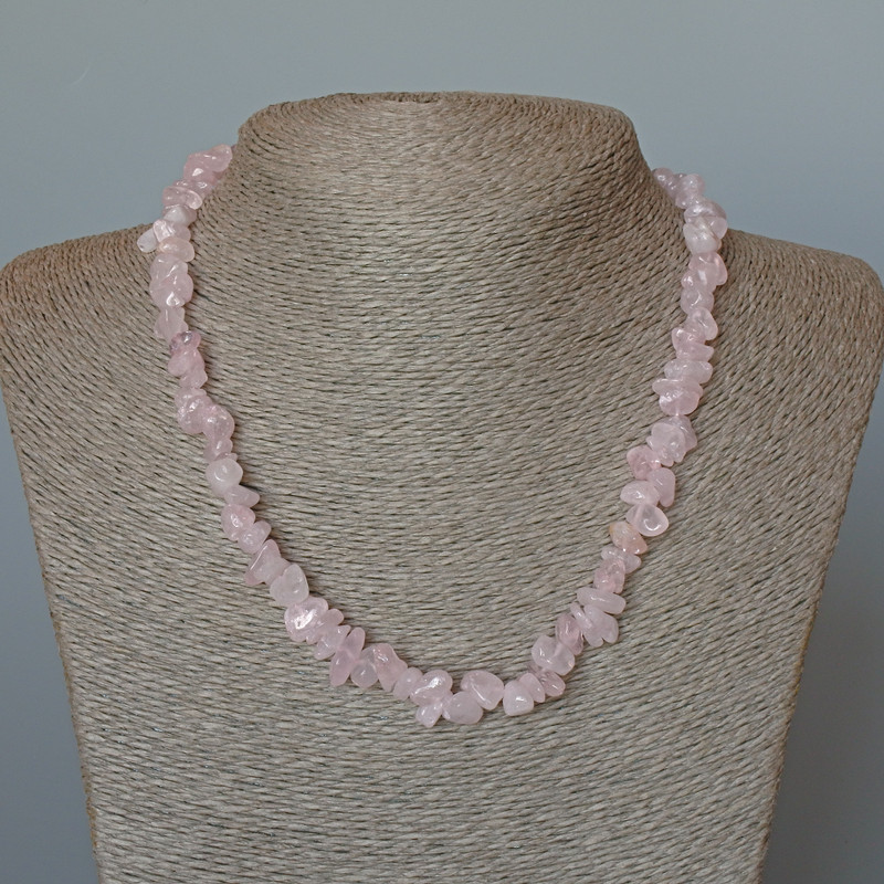 Rose Quartz Necklace, natural stone chips, diameter 9x4mm+/-, length 45cm+/- +5cm extension chain