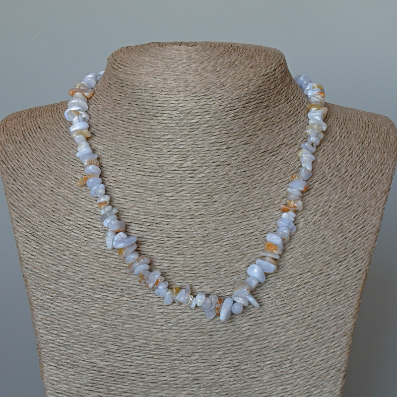 Blue Agate Necklace (Blue Chalcedony, Saphirine) Natural Stone Chips, Diameter 8x3mm+/-, Length 47cm+