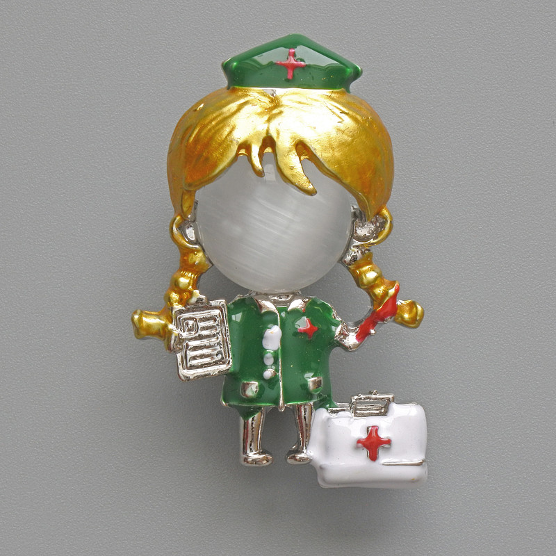 Nurse Brooch Pendant, White Cat's Eye, Green and White Enamel, Silver-Tone Metal 23x36mm