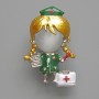 Nurse Brooch Pendant, White Cat's Eye, Green and White Enamel, Silver-Tone Metal 23x36mm