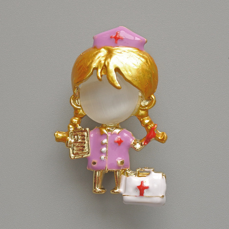 Nurse Brooch Pendant, White Cat's Eye, Purple and White Enamel, Gold-Tone Metal 23x36mm
