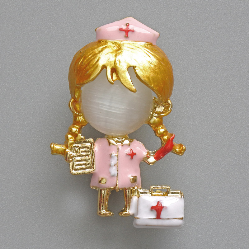 Nurse Brooch Pendant, White Cat's Eye, Pink and White Enamel, Gold-Tone Metal 23x36mm