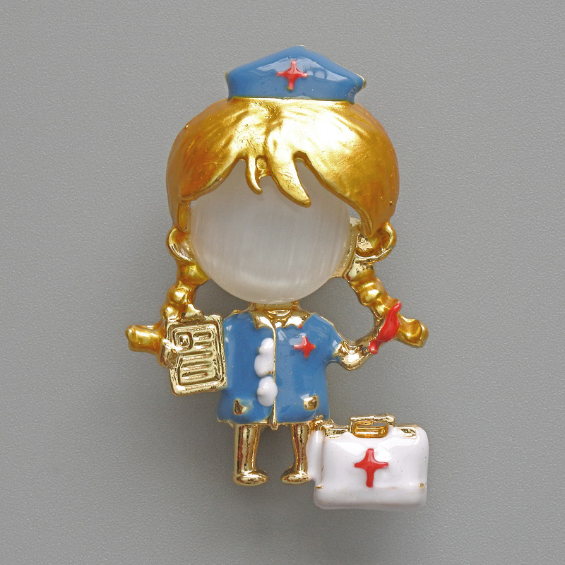 Nurse Brooch Pendant, White Cat's Eye, Blue and White Enamel, Gold-Tone Metal 23x36mm