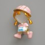 Little Girl Brooch Pendant, White Cat's Eye, Pink and White Enamel, Gold-Tone Metal 19x31mm