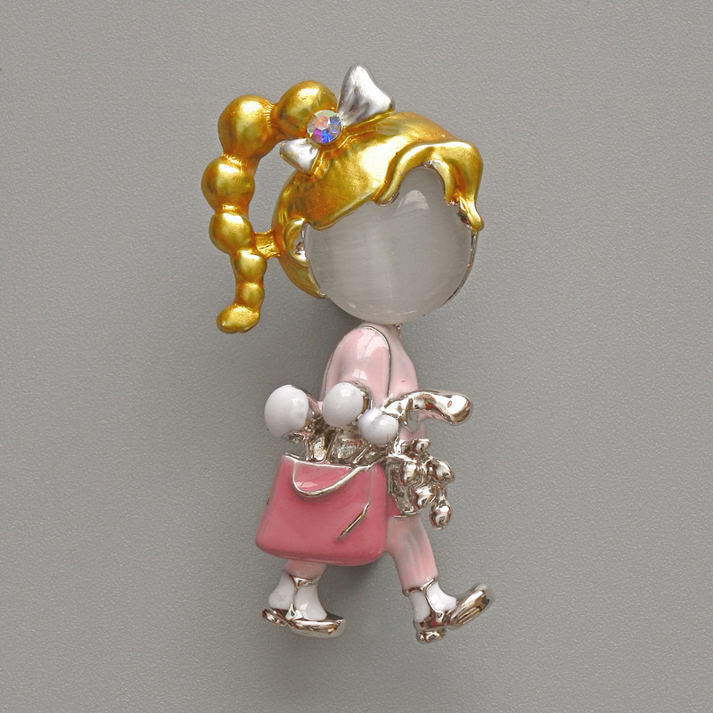 Girl Brooch Pendant, White Cat's Eye, Pink and White Enamel, Silver-Tone Metal 16x35mm