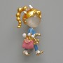 Girl Brooch Pendant, White Cat's Eye, Pink and Blue Enamel, Gold-Tone Metal 16x35mm