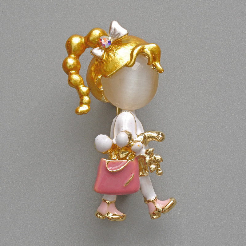 Girl Brooch Pendant, White Cat's Eye, Pink and White Enamel, Gold-Tone Metal 16x35mm