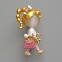 Girl Brooch Pendant, White Cat's Eye, Pink and White Enamel, Gold-Tone Metal 16x35mm