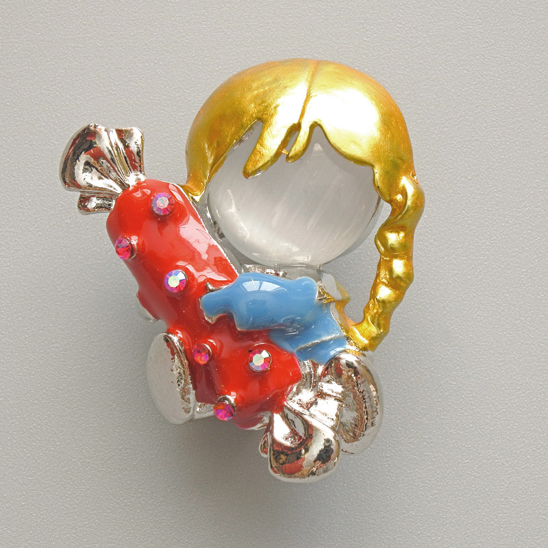 Girl with Candy Brooch, White Cat's Eye, Red and Blue Enamel, Chameleon Rhinestones, Silver-Tone Metal 25x30mm