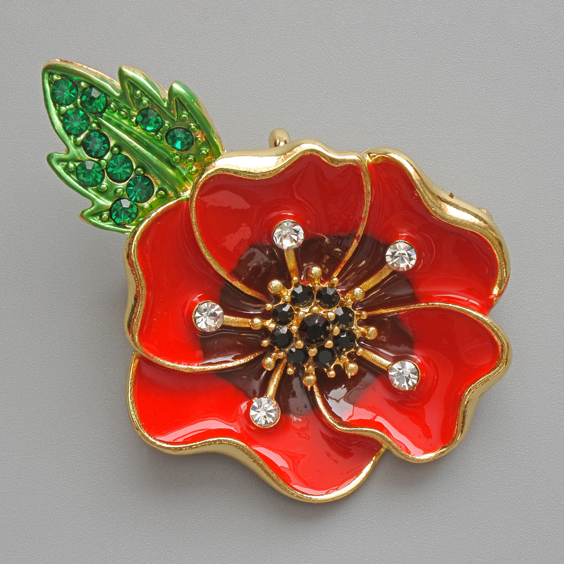 Brooch Pendant Poppy with red enamel and green enamel, white and green rhinestones, golden metal 38x45mm