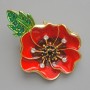 Brooch Pendant Poppy with red enamel and green enamel, white and green rhinestones, golden metal 38x45mm
