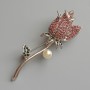 Brooch Pendant Rose with pink and green rhinestones, white bead, silver-tone metal 24x71mm