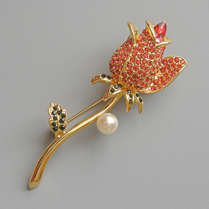 Brooch pendant Rose with malina stones and green rhinestones, white bead, golden metal 24x71mm
