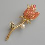 Brooch pendant Rose with malina stones and green rhinestones, white bead, golden metal 24x71mm