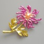Brooch pendant Chrysanthemum Flower Yellow, Pink/Red and White Matte Enamel, White Bead, Gold-tone Metal 40x61mm
