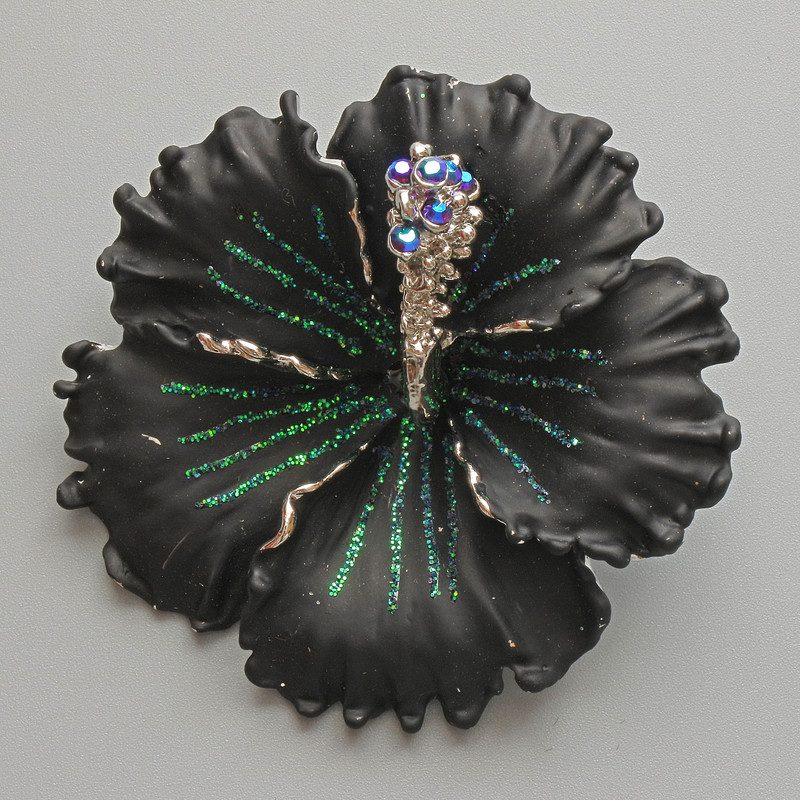 Petunia Flower Brooch Pendant, Black Matte Enamel, Blue Rhinestones, Green Glitter, Silver-Tone Metal, 51×51mm