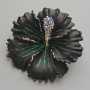 Petunia Flower Brooch Pendant, Black Matte Enamel, Blue Rhinestones, Green Glitter, Silver-Tone Metal, 51×51mm