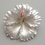Petunia Flower Brooch Pendant, Grey Matte Enamel, Pink Rhinestones, Glitter, Silver-Tone Metal, 51×51mm