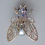 Butterfly Brooch Pendant, Multicoloured Rhinestones, Grey Bead, Silver-Tone Metal, 26×33mm