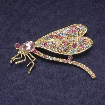 Dragonfly Brooch Pendant, Pink Crystal, Multicoloured Rhinestones, Gold-Tone Metal, 55×35mm