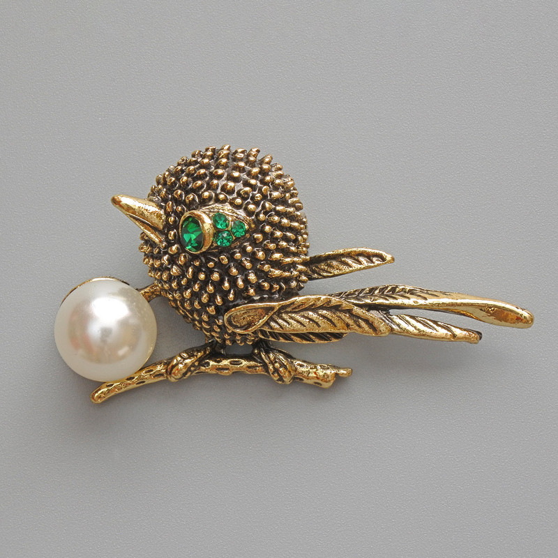 Bird Brooch Pendant, Green Rhinestones, White Bead, Gold-Tone Metal, 46×24mm
