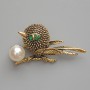 Bird Brooch Pendant, Green Rhinestones, White Bead, Gold-Tone Metal, 46×24mm