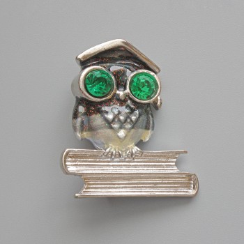 Owl Brooch Pendant, Grey Enamel, Green Crystals, Silver-Tone Metal, 33×37mm