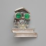 Owl Brooch Pendant, Grey Enamel, Green Crystals, Silver-Tone Metal, 33×37mm
