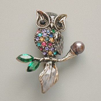 Owl Brooch Pendant, Black & Grey Enamel, Multicoloured Rhinestones, Black Bead, Silver-Tone Metal, 31×38mm