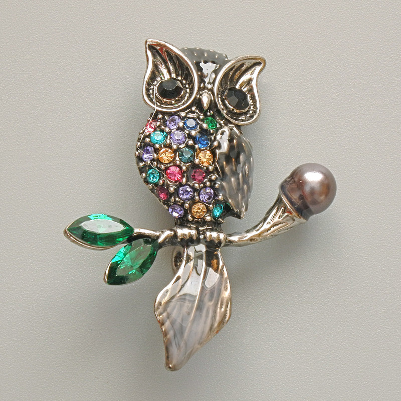 Owl Brooch Pendant, Black & Grey Enamel, Multicoloured Rhinestones, Black Bead, Silver-Tone Metal, 31×38mm