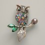 Owl Brooch Pendant, Black & Grey Enamel, Multicoloured Rhinestones, Black Bead, Silver-Tone Metal, 31×38mm