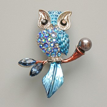 Owl Brooch Pendant, Blue Enamel, Blue Rhinestones, Black Bead, Silver-Tone Metal, 31×38mm