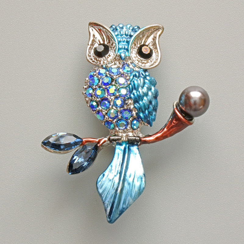 Owl Brooch Pendant, Blue Enamel, Blue Rhinestones, Black Bead, Silver-Tone Metal, 31×38mm