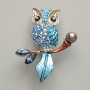 Owl Brooch Pendant, Blue Enamel, Blue Rhinestones, Black Bead, Silver-Tone Metal, 31×38mm