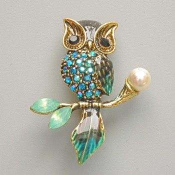 Owl Brooch Pendant, Blue & Black Enamel, Blue & Green Rhinestones, White Bead, Gold-Tone Metal, 31×38mm