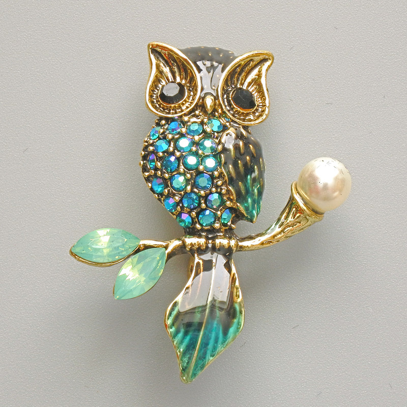 Owl Brooch Pendant, Blue & Black Enamel, Blue & Green Rhinestones, White Bead, Gold-Tone Metal, 31×38mm
