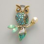 Owl Brooch Pendant, Blue & Black Enamel, Blue & Green Rhinestones, White Bead, Gold-Tone Metal, 31×38mm