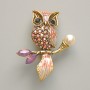Owl Brooch Pendant, Pink Enamel, Pink Rhinestones, White Bead, Gold-Tone Metal, 31×38mm