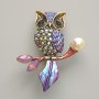 Owl Brooch Pendant, Purple Enamel, Purple Rhinestones, White Bead, Gold-Tone Metal, 31x38mm